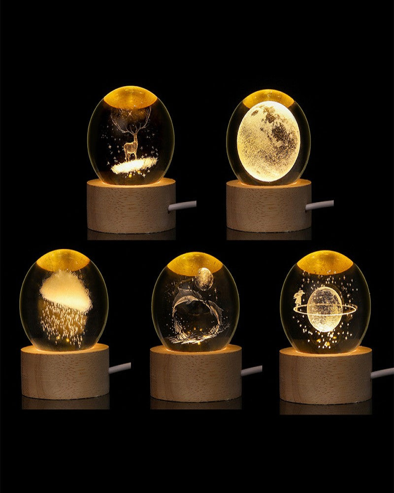 Creative new interior-engraved crystal ball luminous night light with multiple patterns, warm lighting, desktop ornaments, USB charging